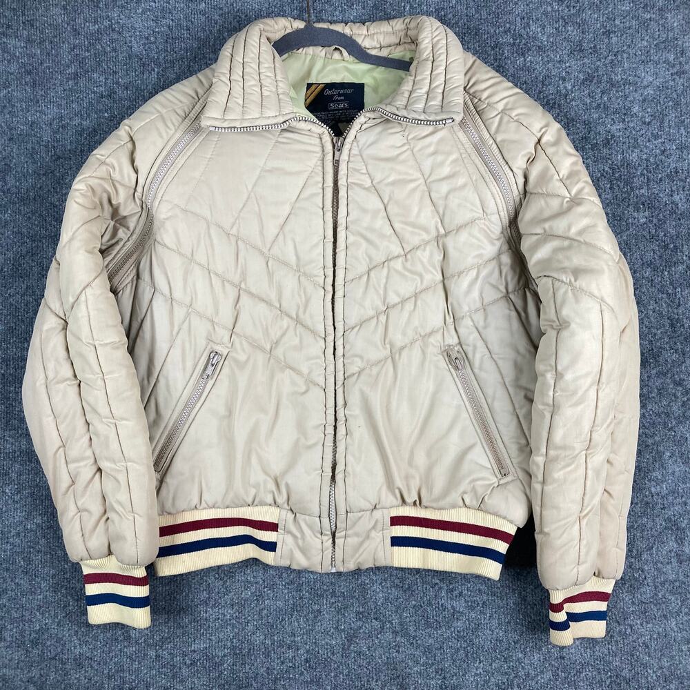 Sears Quilted Bomber Jacket Mens Size M‎ Beige Puffer Retro Full Zip Ribbed Hem